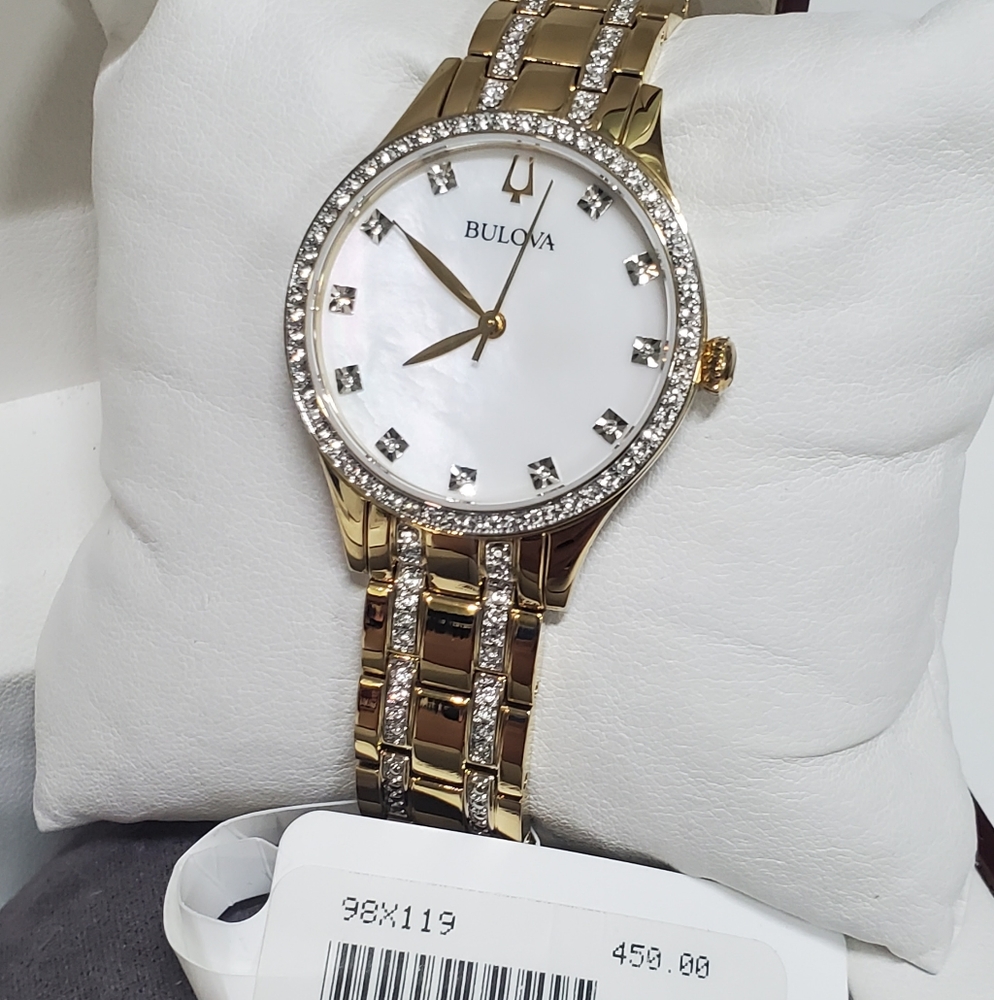 Bulova Women's Watch 98X119 Gold Tone Crystal Accent Mother of Pearl $450